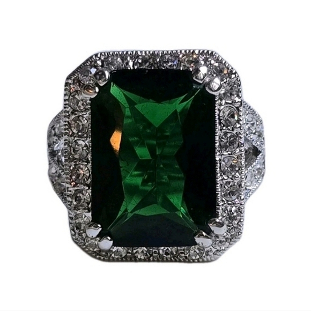 Joan Rivers QVC Art Deco Style Emerald Cut Rhinestones Set Silver Cocktail Ring